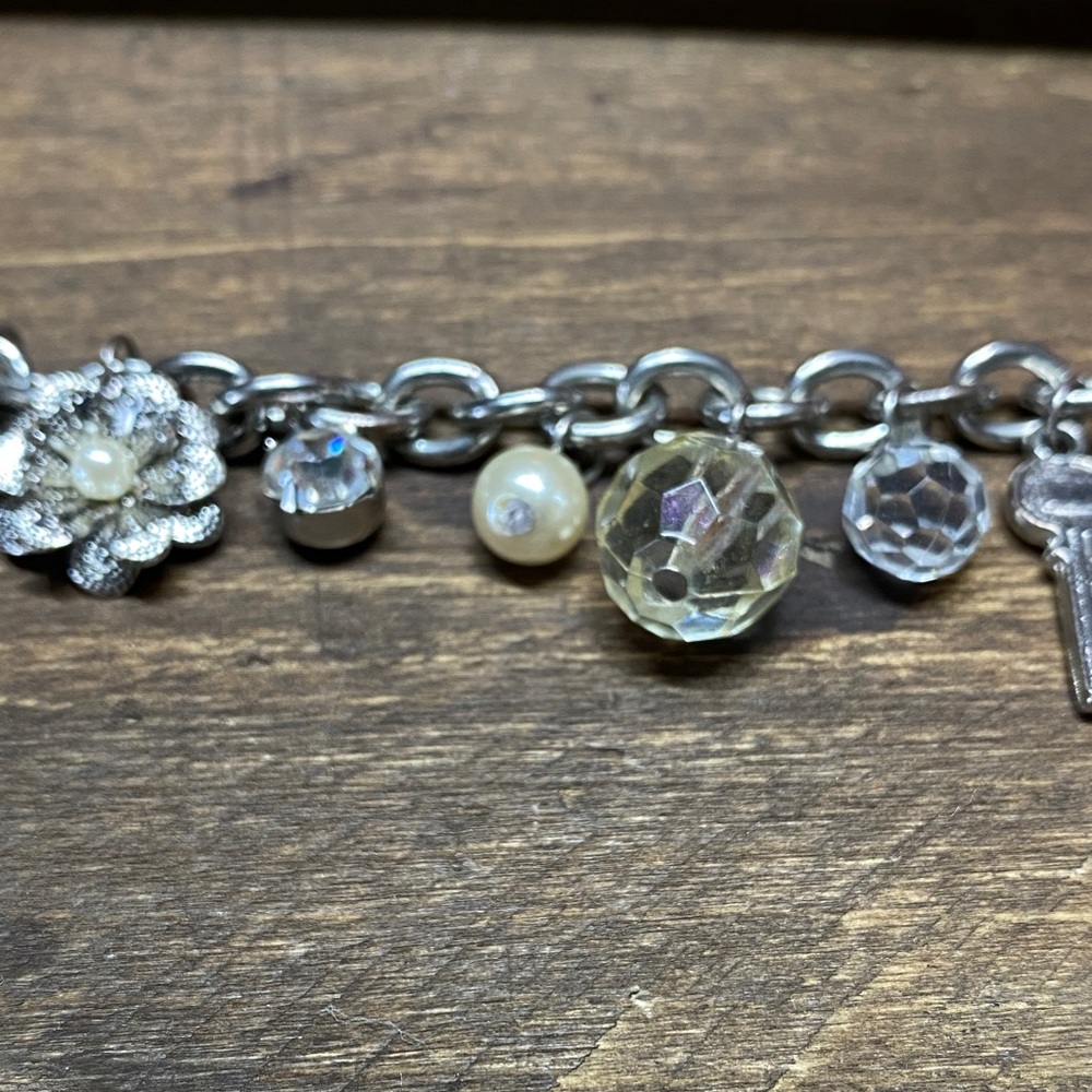 Silver Charm Bracelet with Heart, Key, Flower and More Beads - Picture 12 of 13